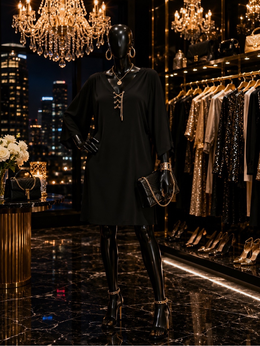 Spense Black Lace-Up V-Neck Tunic Top